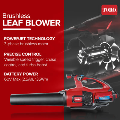 Toro 60 Volt Brushless Cordless Leaf Blower 2.5 Ah Battery and Charger (Used)