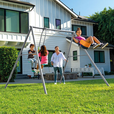 Two Feature Colored Playground Swing Set with Trapeze Bar for Kids, Gray (Used)