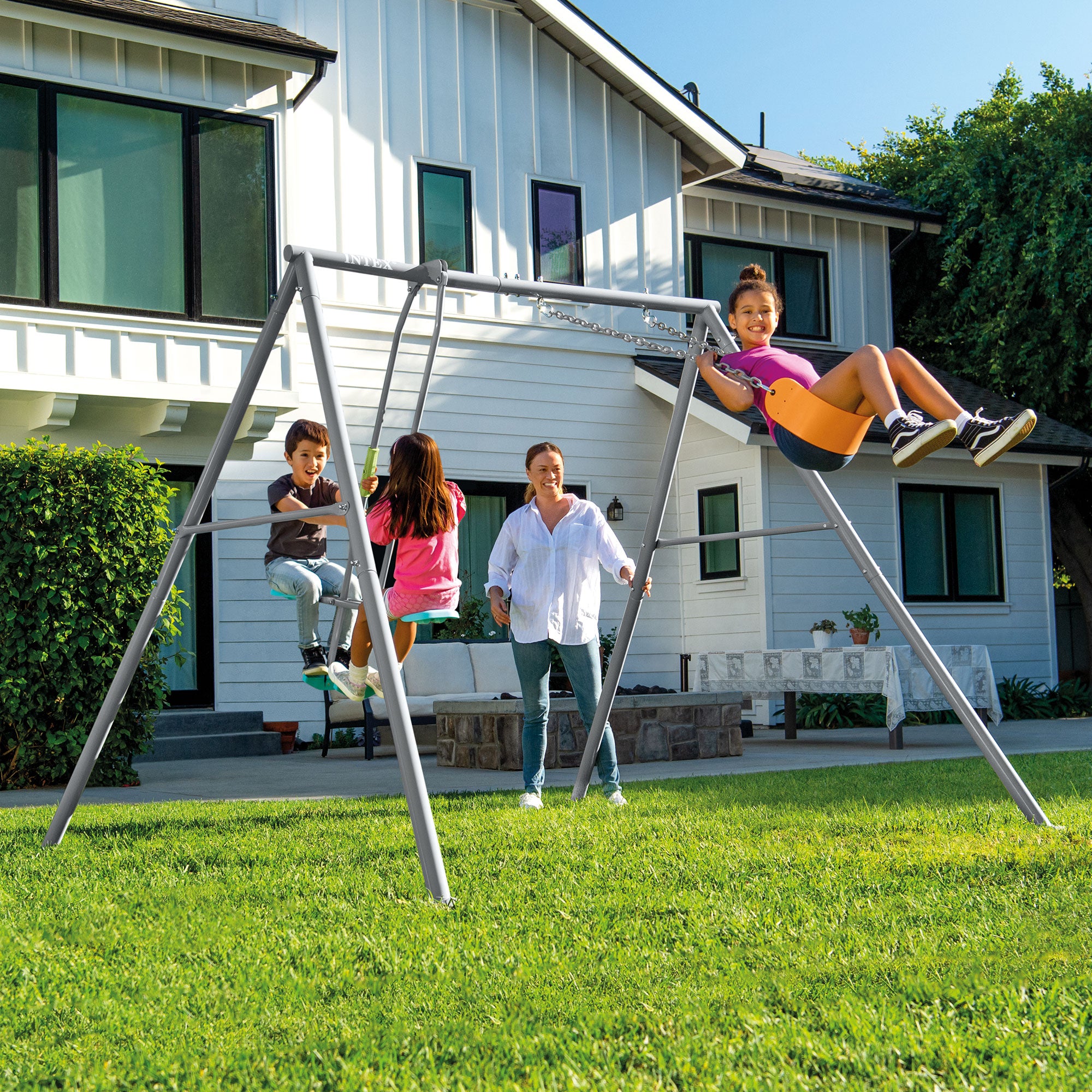 Two Feature Colored Playground Swing Set with Trapeze Bar for Kids, Gray (Used) - VMInnovations