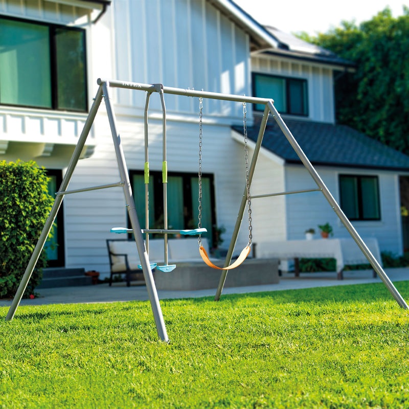 Two Feature Colored Playground Swing Set with Trapeze Bar for Kids, Gray (Used)