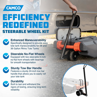 Camco Steerable Wheel Kit for 28 & 36 Gallon Rhino Tote Tank with Tow Bar Handle - VMInnovations