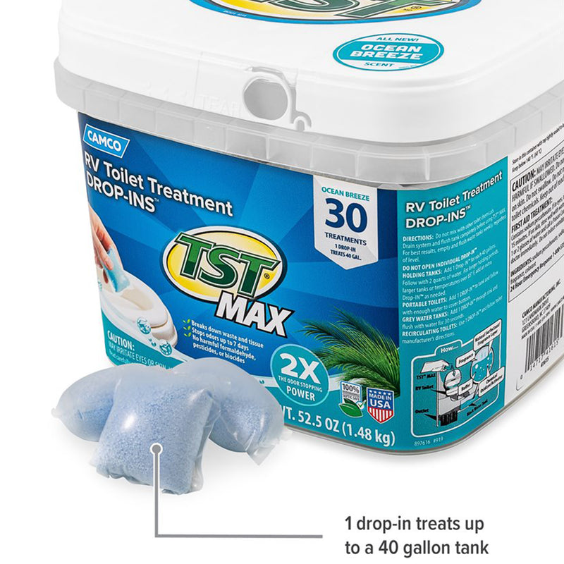 Camco TST MAX 30 Drop-Ins RV Toilet Waste Odor Treatment, Ocean Breeze Scent