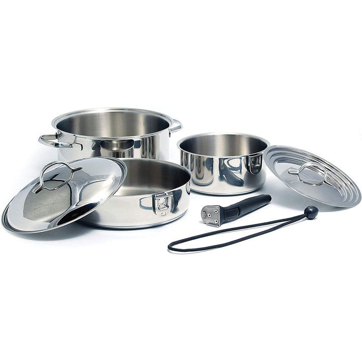Camco 7pc Stainless Steel Cookware Nesting Pot Set w/Handle & Strap (Used) - VMInnovations