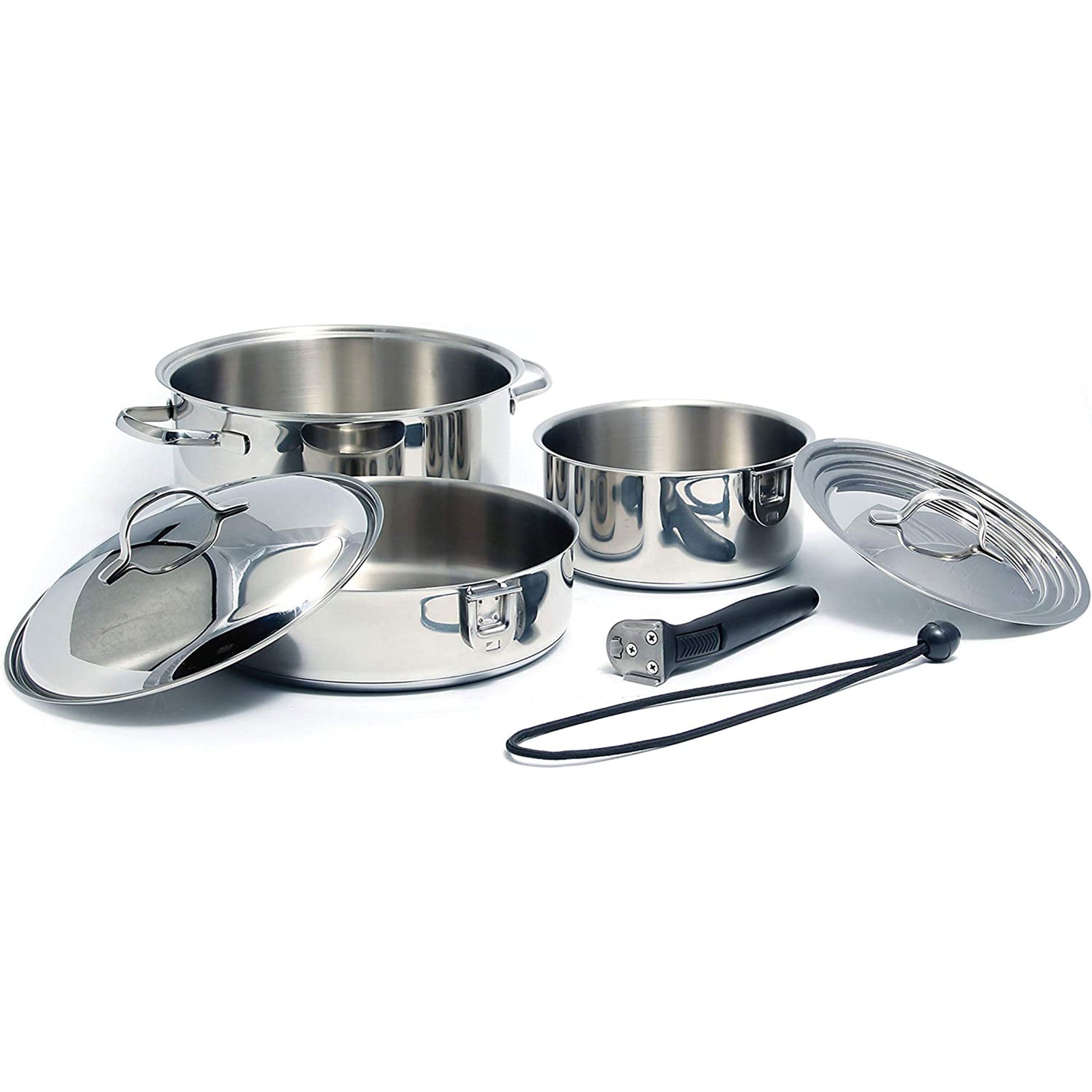 7 Piece Stainless Steel Cookware Nesting Set w/Handle & Storage Strap (Open Box) - VMInnovations