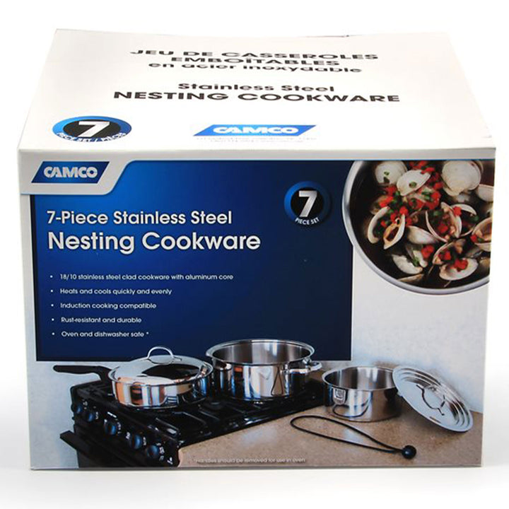 7 Piece Stainless Steel Cookware Nesting Set w/Handle & Storage Strap (Open Box) - VMInnovations