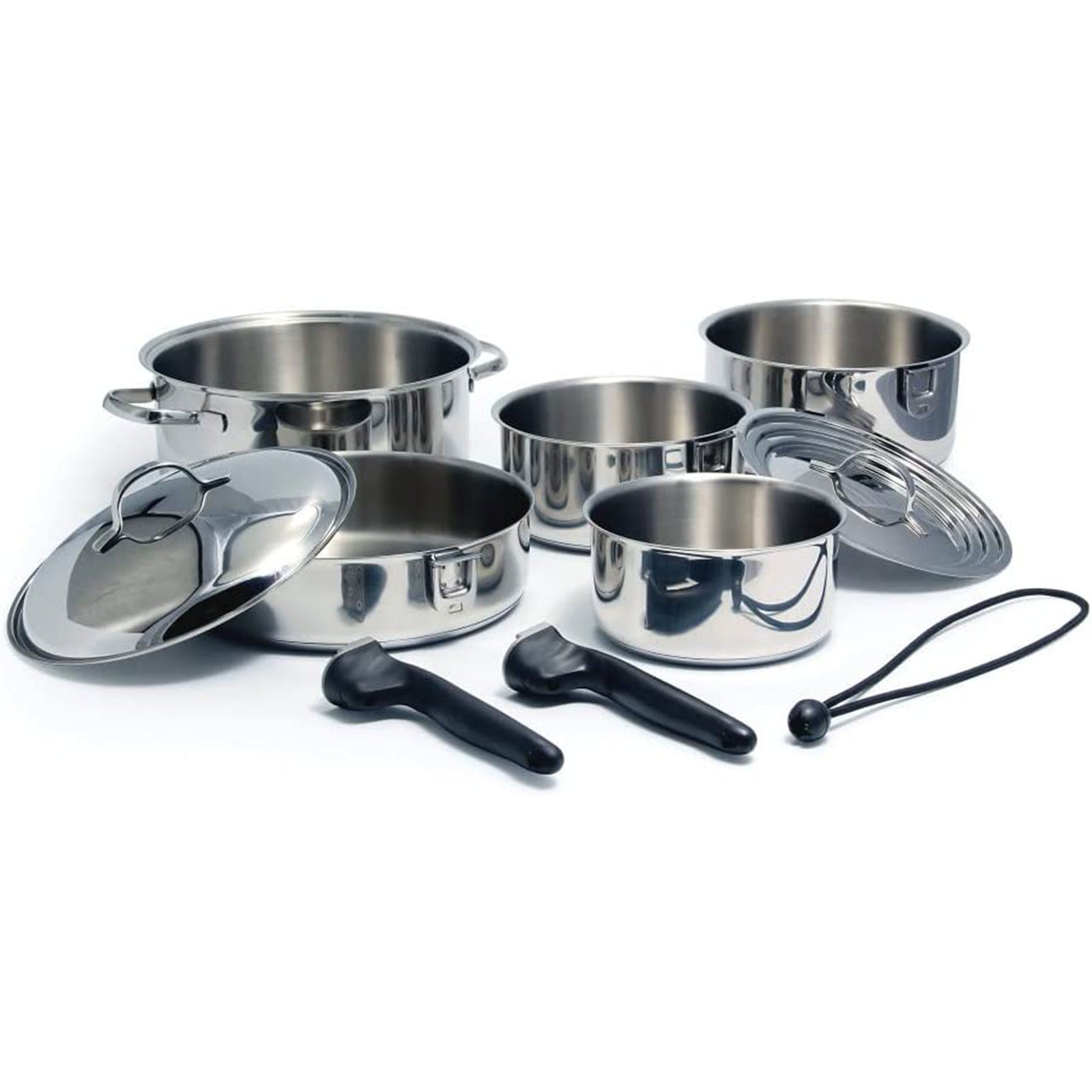 Camco 10 Piece Stainless Steel Cookware Nesting Pot Set w/Handle & Storage Strap - VMInnovations