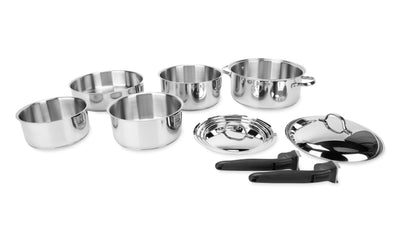 Camco 10 Piece Stainless Steel Cookware Nesting Pot Set w/Handle & Storage Strap - VMInnovations