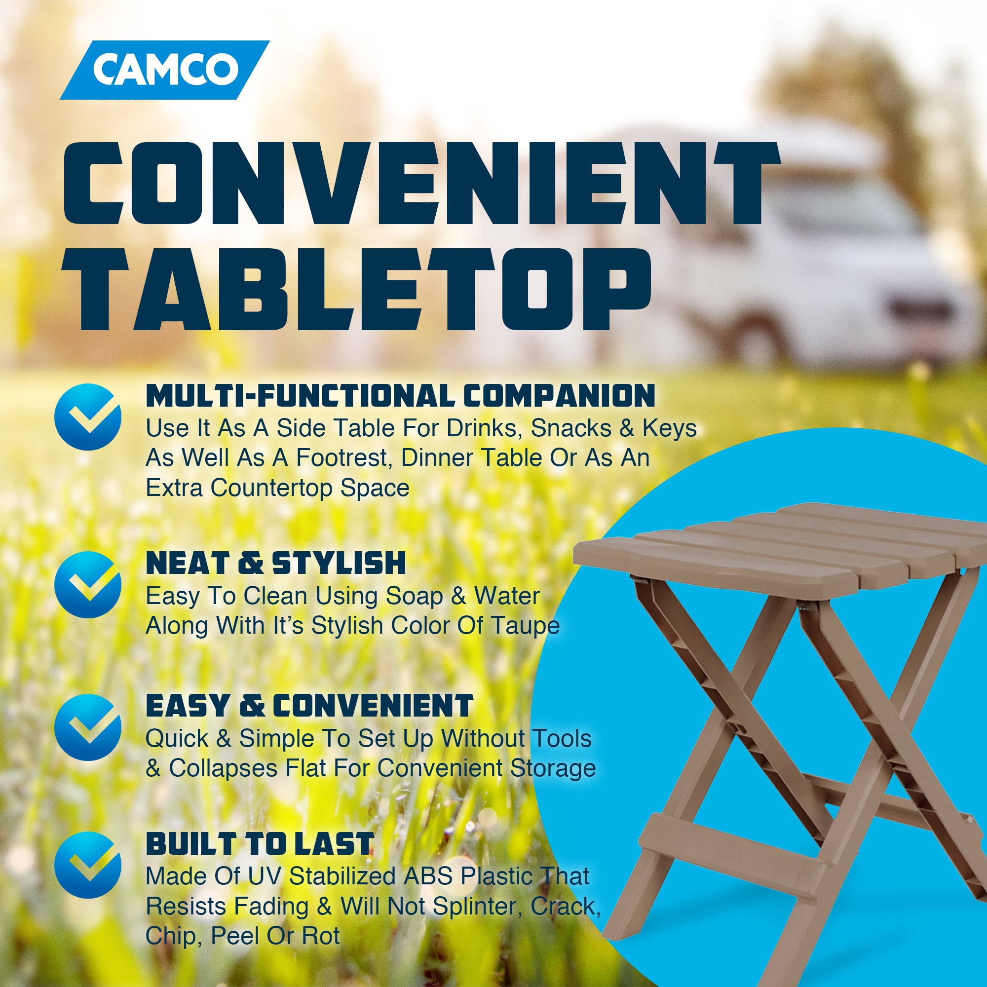 Camco Adirondack Portable Outdoor Camping Plastic Folding Side Table, Taupe - VMInnovations