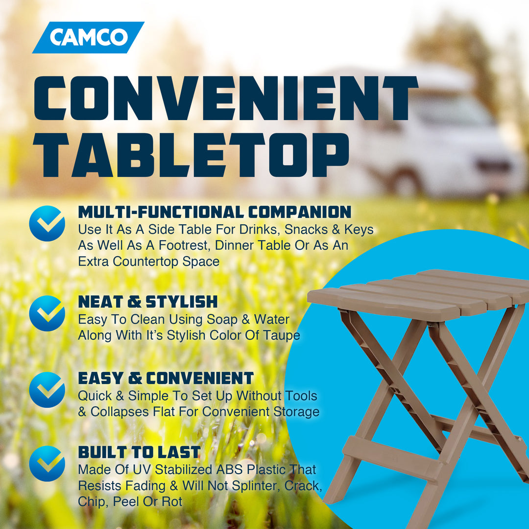 Camco Adirondack Portable Outdoor Camping Plastic Folding Side Table, Taupe