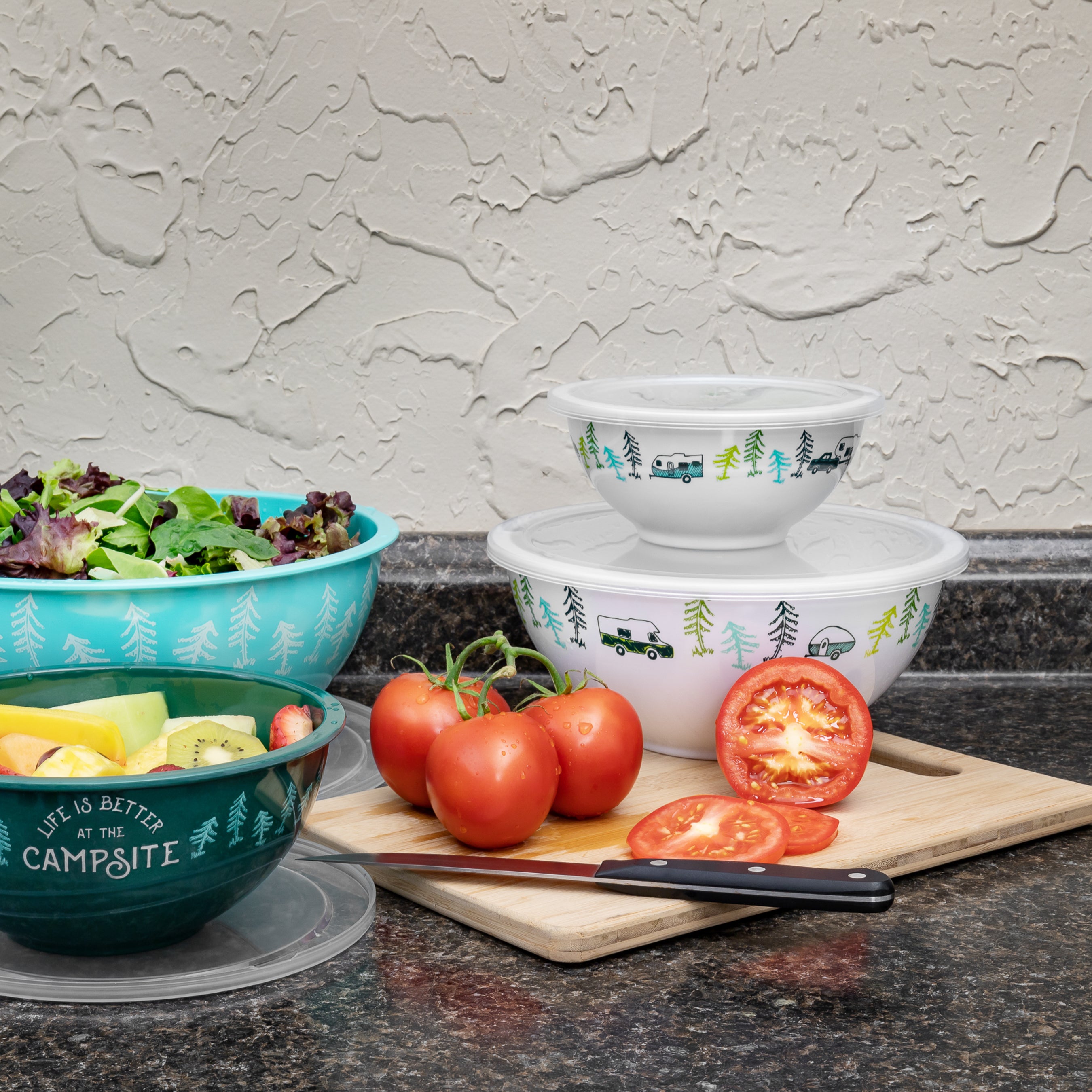 Camco Life is Better at The Campsite 8 Piece Melamine Nesting Bowl Set with Lids - VMInnovations