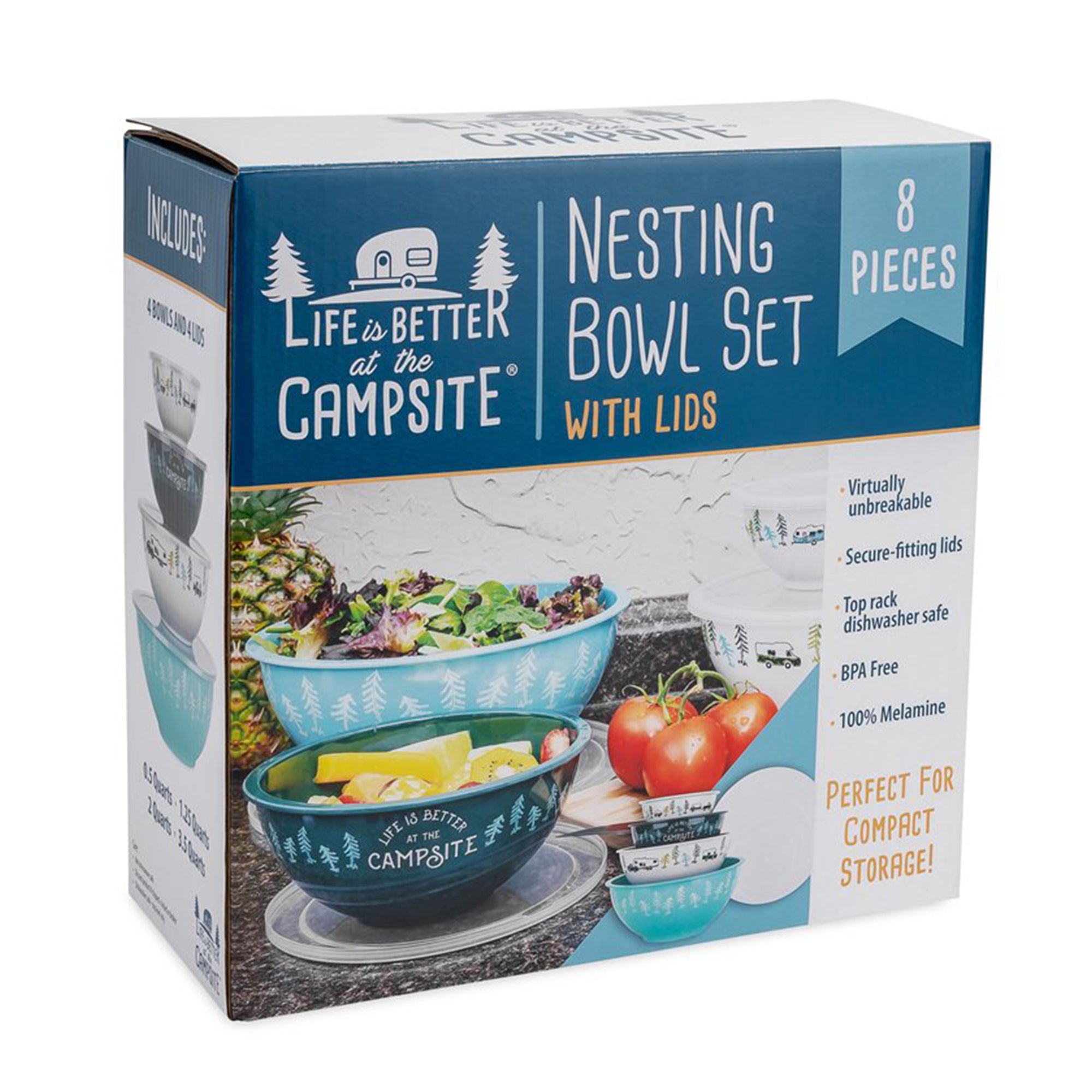 Camco Life is Better at The Campsite 8 Piece Melamine Nesting Bowl Set with Lids - VMInnovations