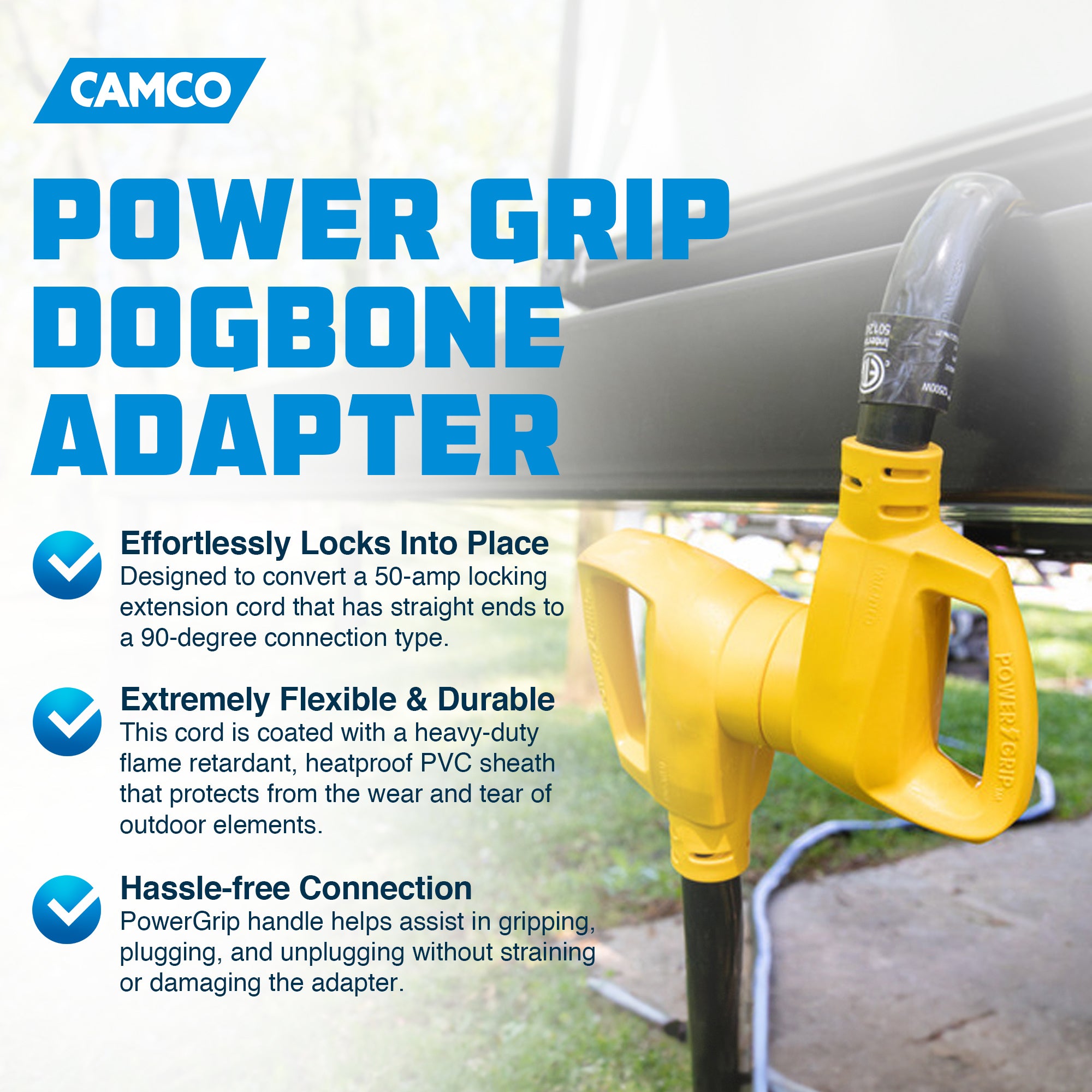 Camco Power 18" Dogbone Adapter w/50 Amp Locking Male & Female, Yellow(Open Box) - VMInnovations