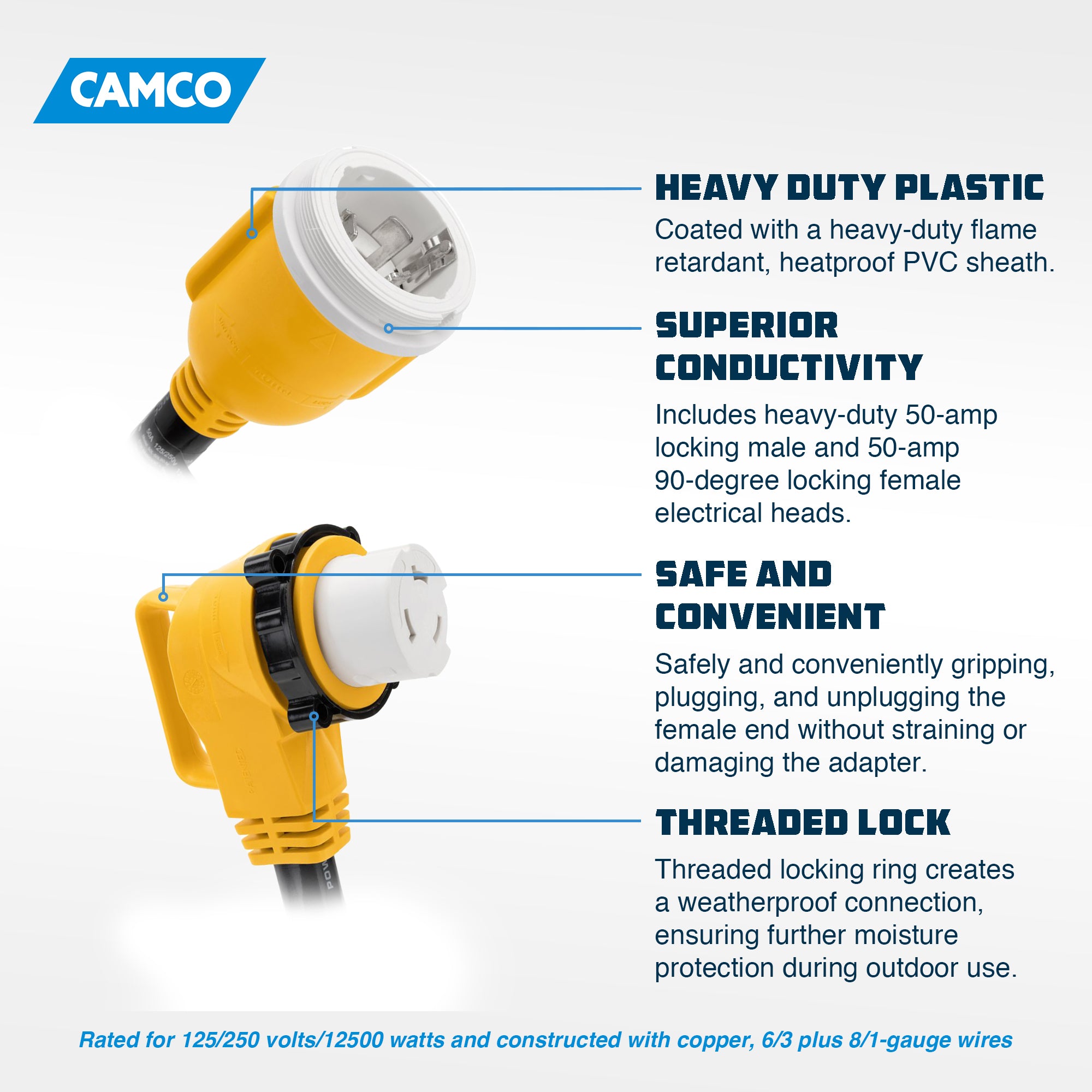 Camco Power 18" Dogbone Adapter w/50 Amp Locking Male & Female, Yellow(Open Box) - VMInnovations