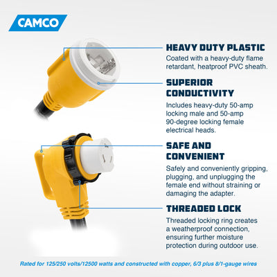 Camco Power 18" Dogbone Adapter w/50 Amp Locking Male & Female, Yellow(Open Box) - VMInnovations