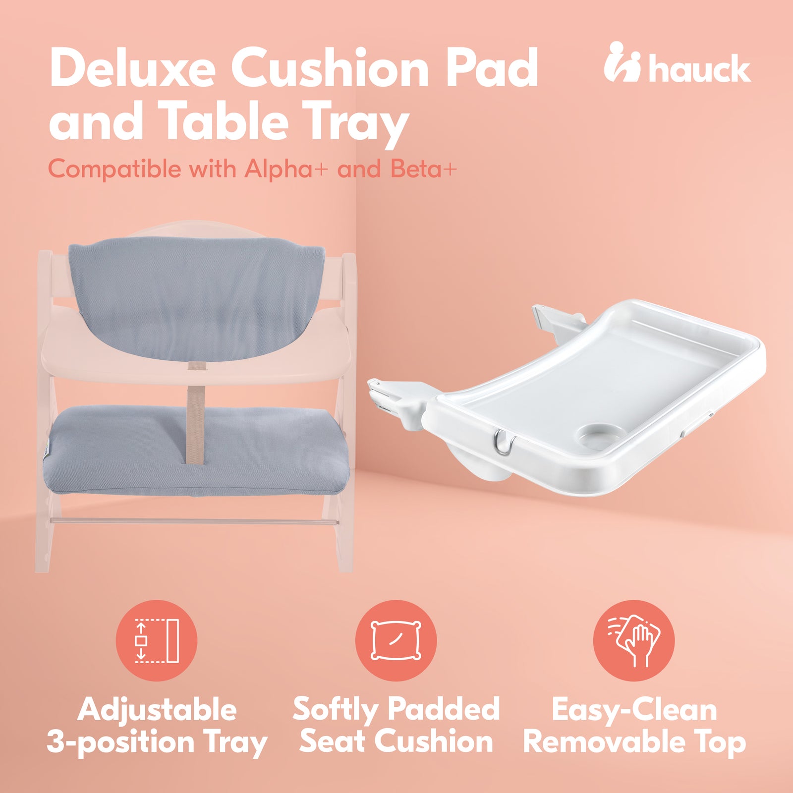 hauck Alpha+/Beta+ High Chair Tray Table, White & Deluxe Seat Cushion Pad, Grey - VMInnovations
