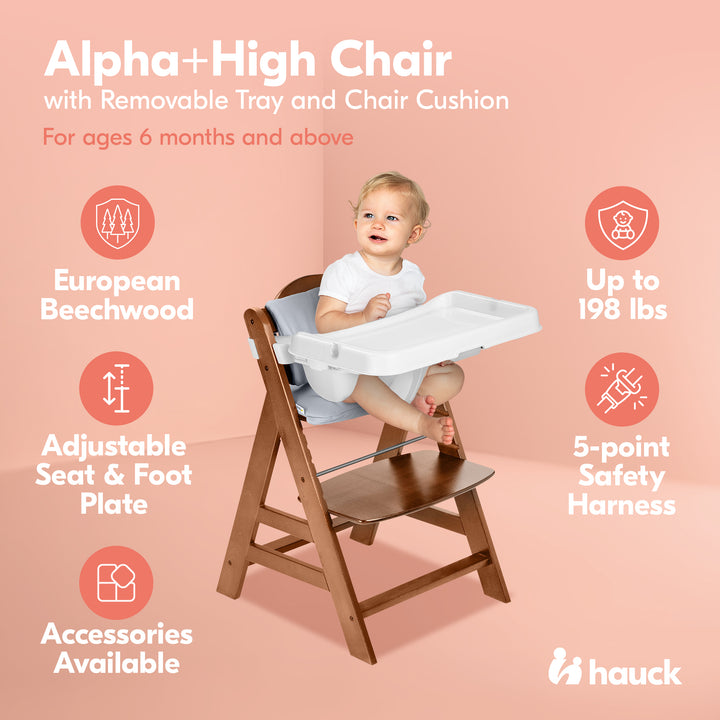 hauck Alpha+ Grow Along Walnut Wooden High Chair, Tray Table & Deluxe Cushion