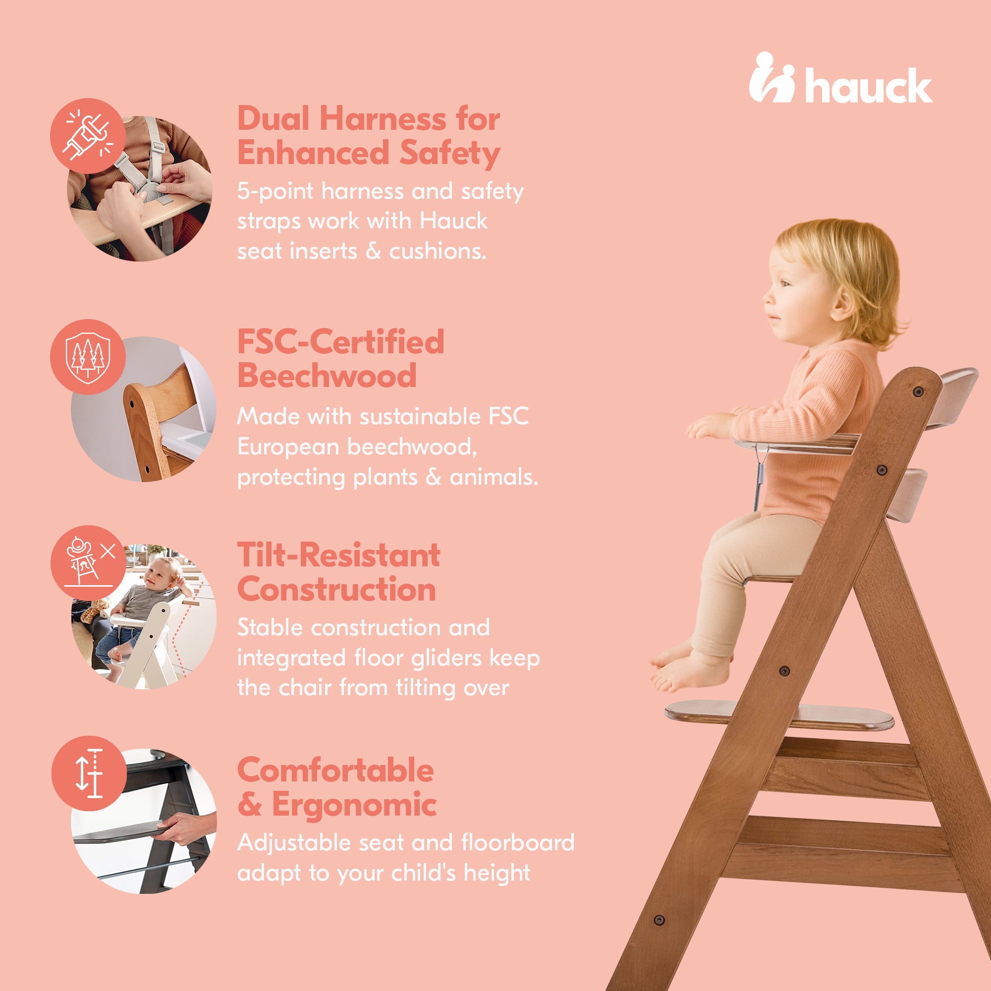 hauck Alpha+ Grow Along Walnut Wooden High Chair, Tray & Deluxe Cushion, Grey