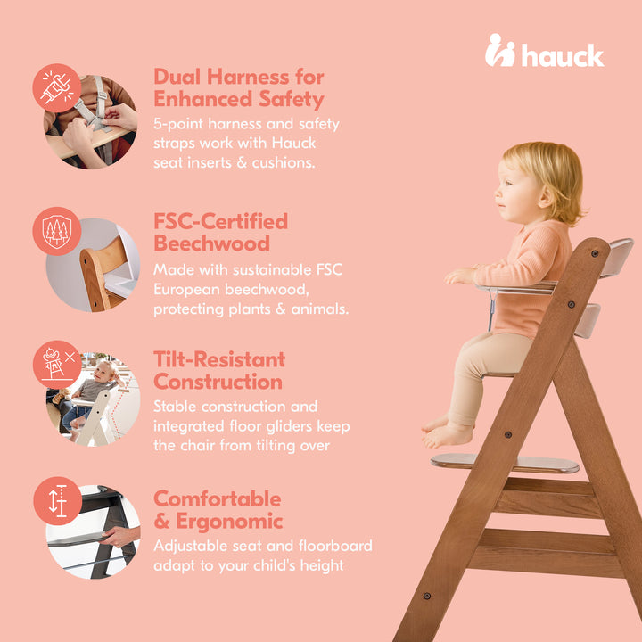 hauck Alpha+ Grow Along Walnut Wooden High Chair, Tray & Deluxe Cushion, Grey