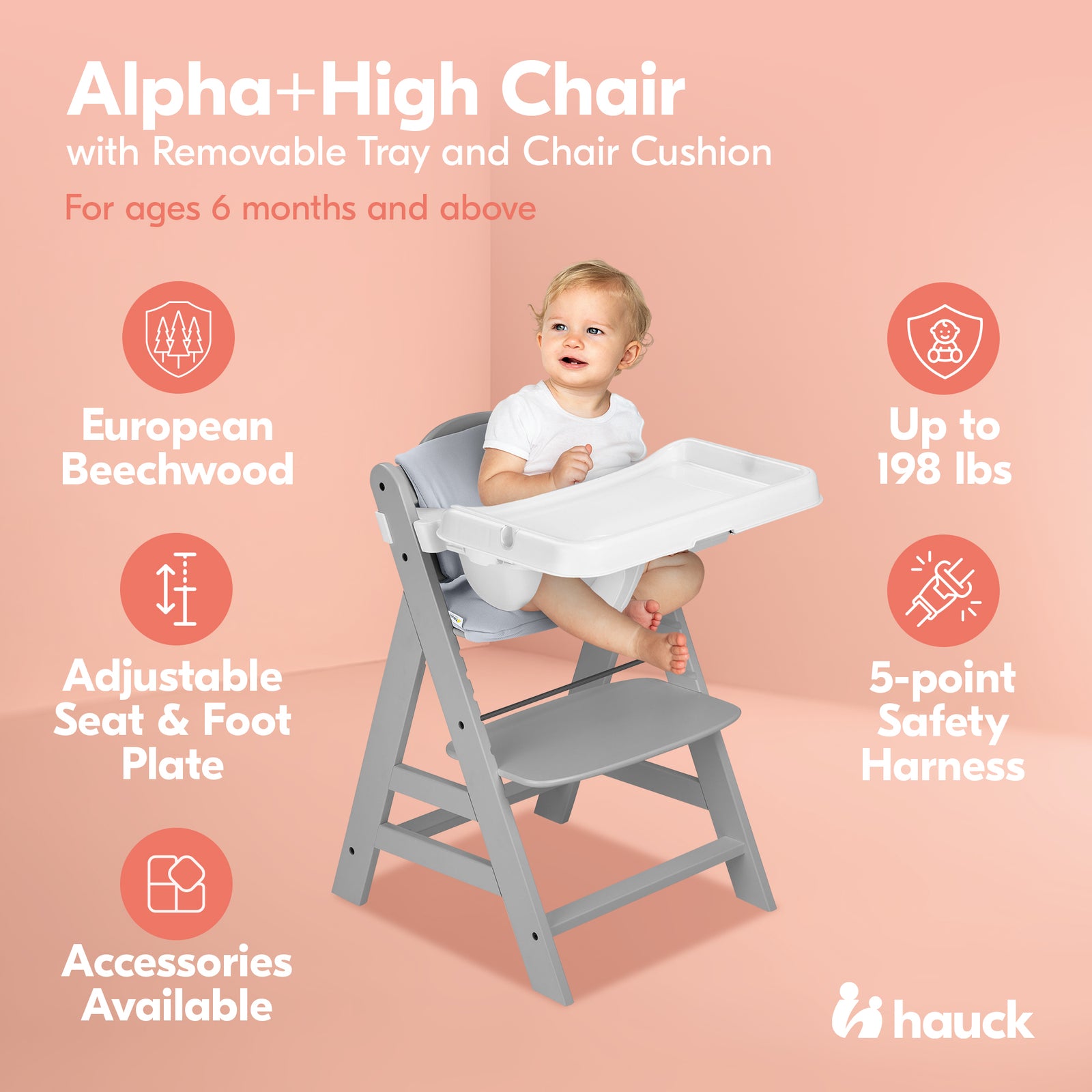 hauck Alpha+ Grow Along Wooden High Chair w/Alpha Tray Table & Deluxe Cushion - VMInnovations