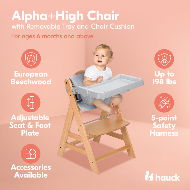 hauck Alpha+ Grow Along Wooden High Chair w/Grey Tray Table & Deluxe Cushion