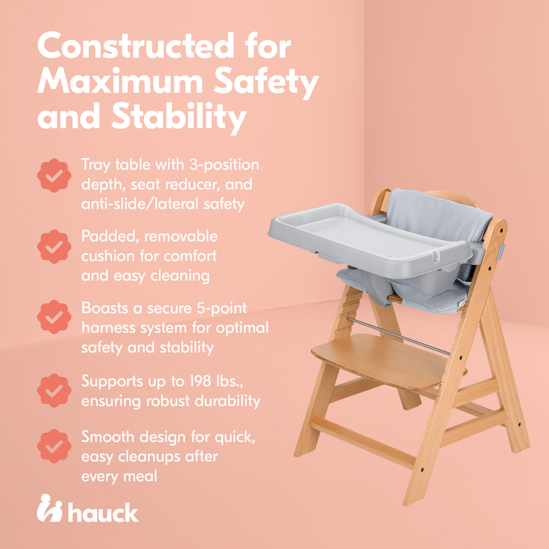 hauck Alpha+ Grow Along Wooden High Chair w/Grey Tray Table & Deluxe Cushion