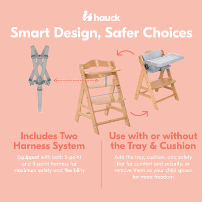 hauck Alpha+ Grow Along Wooden High Chair w/Grey Tray Table & Deluxe Cushion