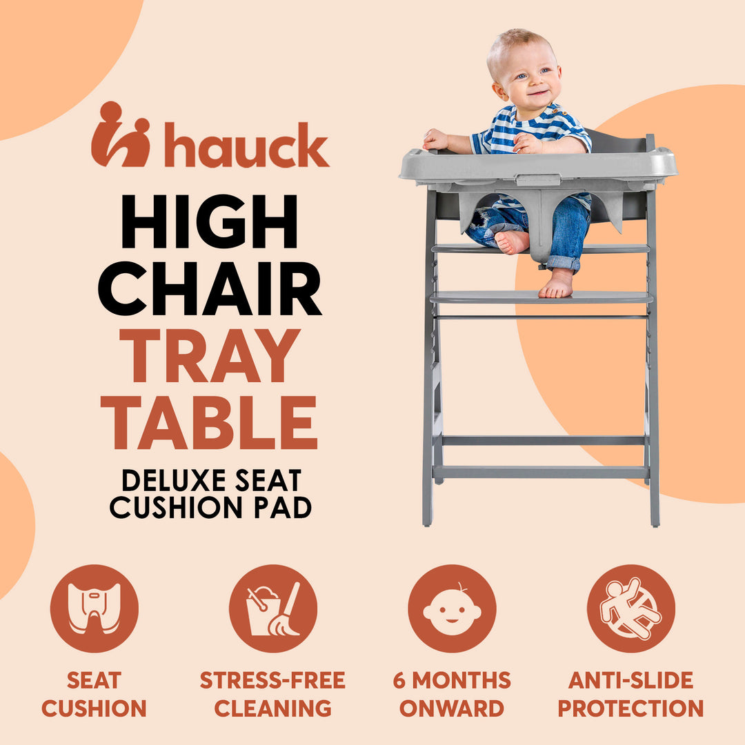 hauck Alpha+/Beta+ Wooden High Chair Tray Table & Deluxe Seat Cushion Pad, Grey