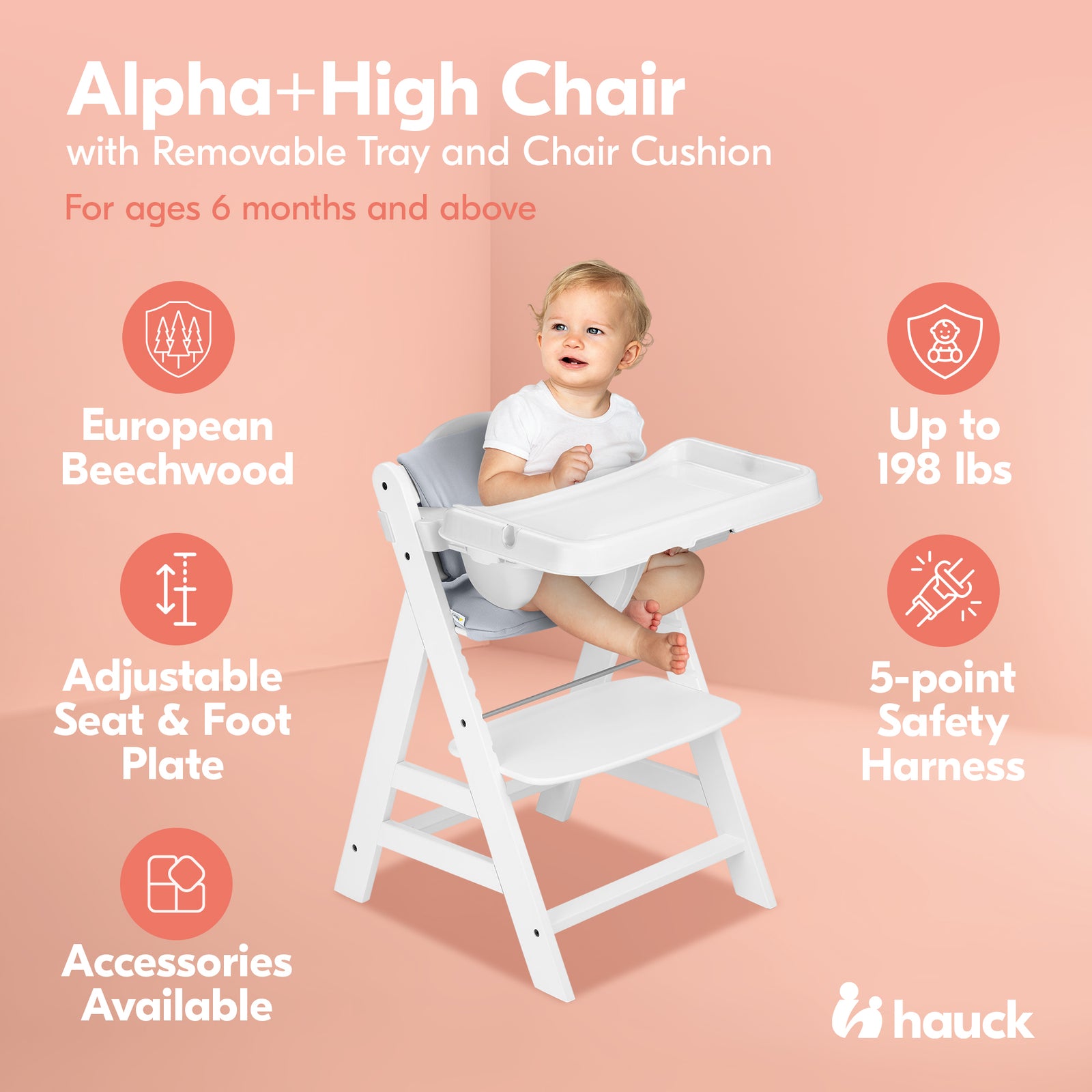 hauck AlphaPlus Grow Along White Wooden High Chair, Tray Table, & Grey Cushion - VMInnovations