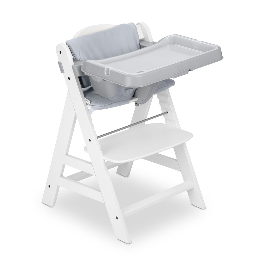 hauck Alpha+ Grow Along White Wooden High Chair, Grey Tray Table, & Cushion