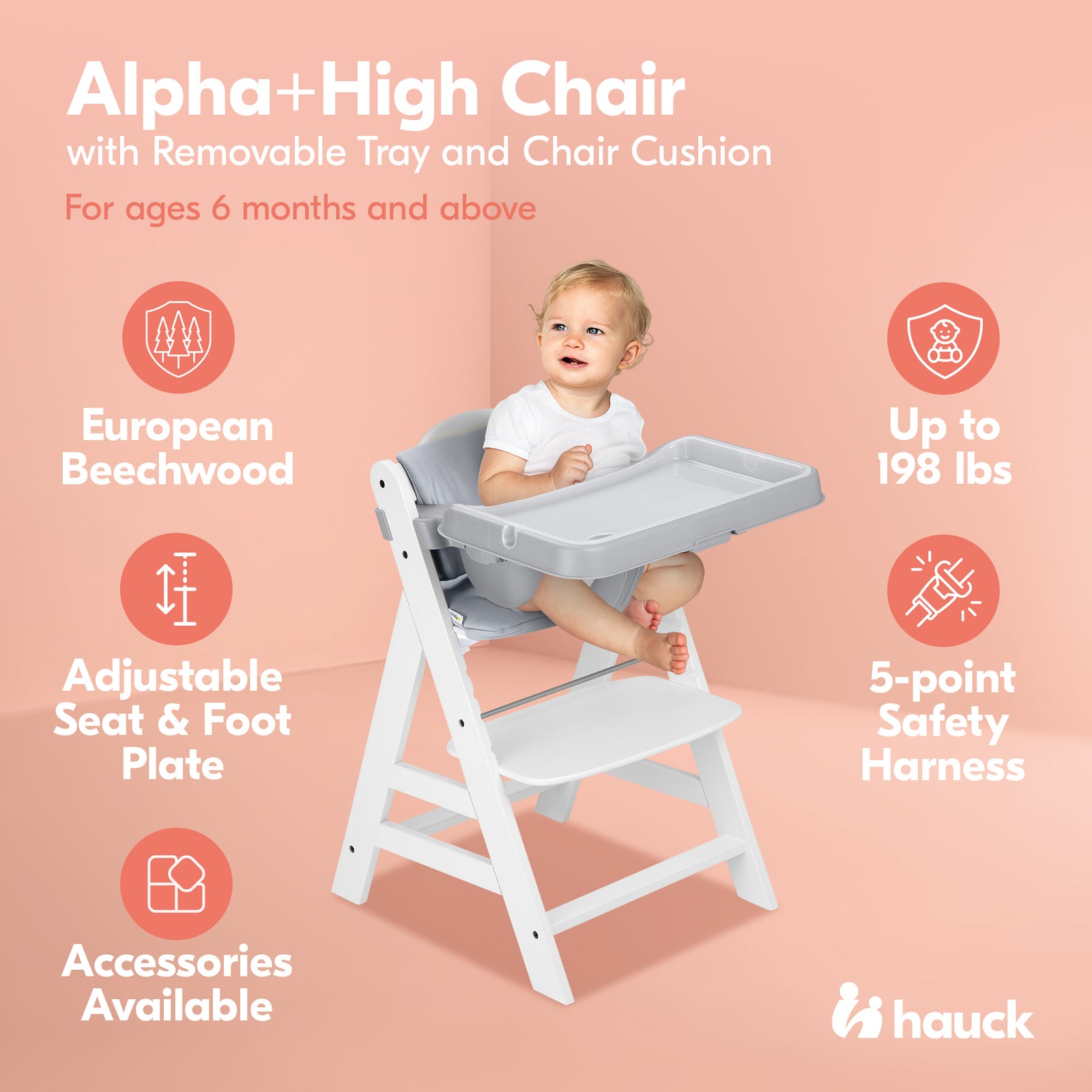hauck Alpha+ Grow Along White Wooden High Chair, Grey Tray Table, & Cushion - VMInnovations