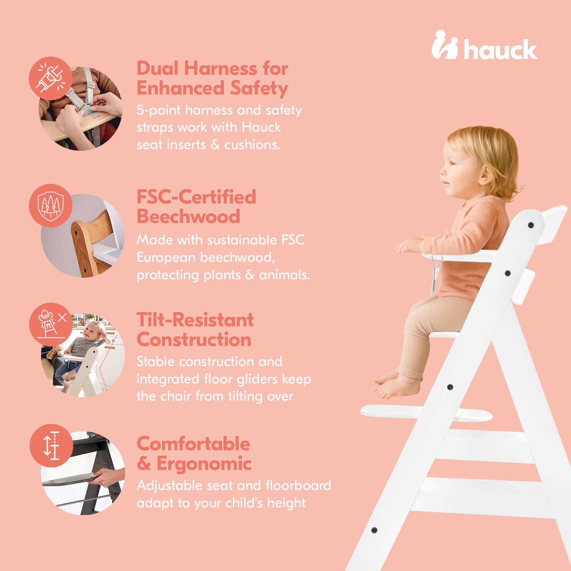 hauck Alpha+ Grow Along White Wooden High Chair, Grey Tray Table, & Cushion