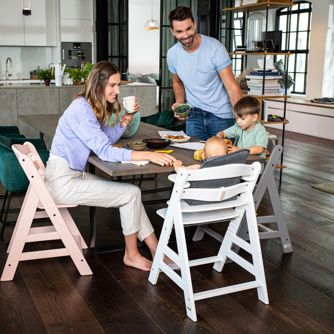 hauck Alpha+ Grow Along White Wooden High Chair, Grey Tray Table, & Cushion