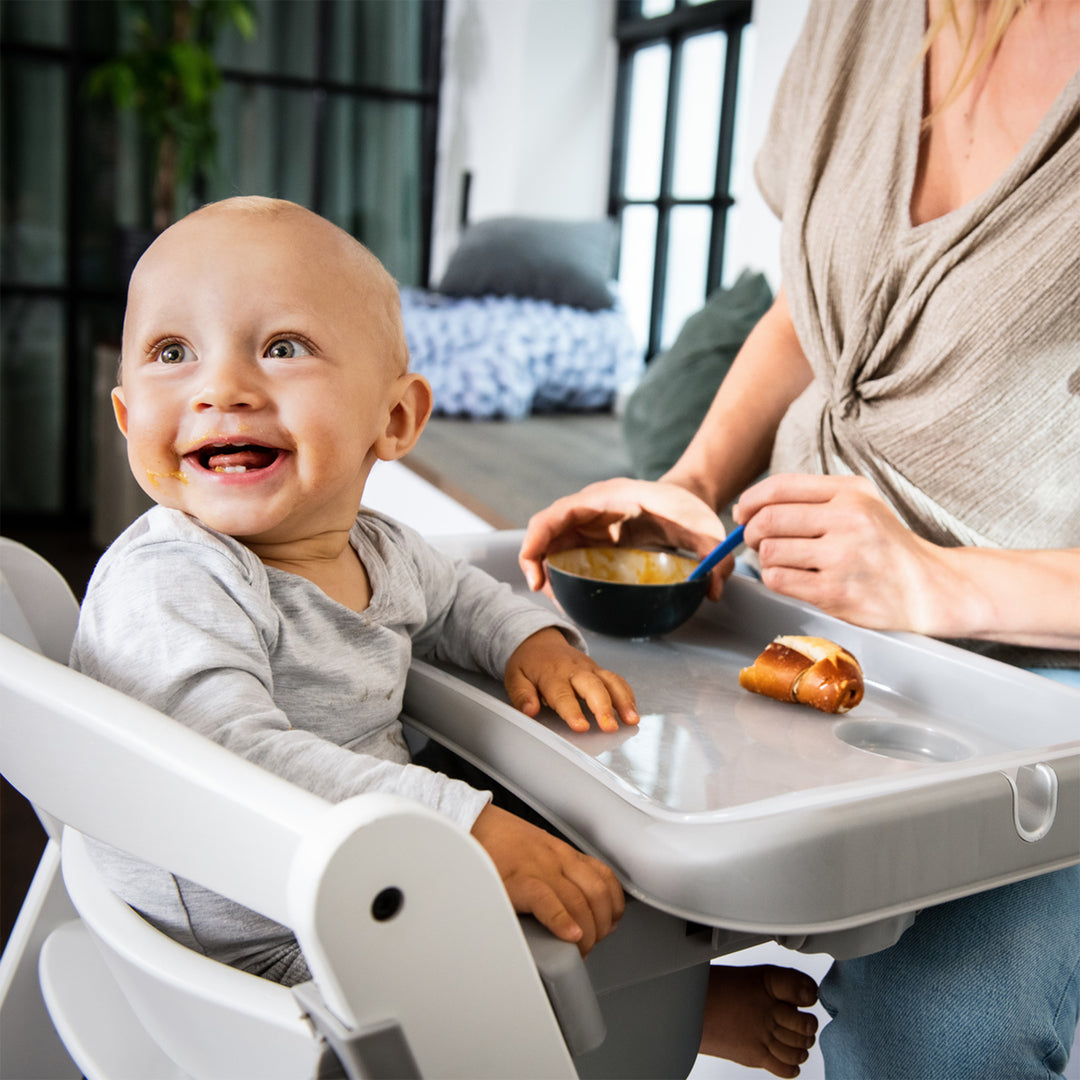 hauck Alpha+ Grow Along White Wooden High Chair, Grey Tray Table, & Cushion