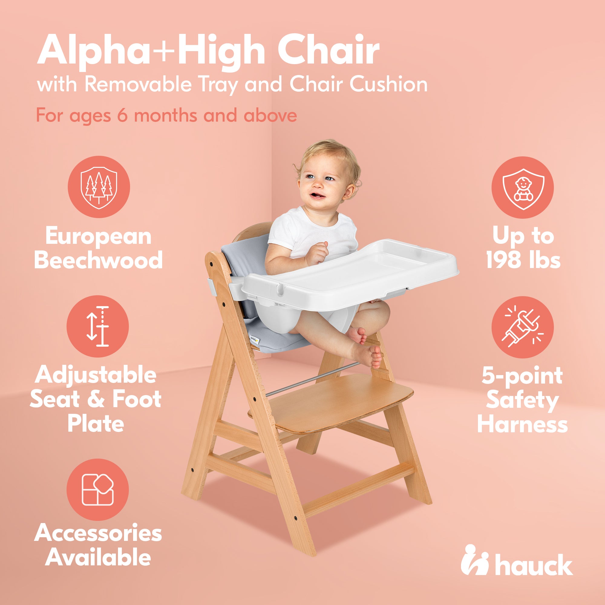 hauck Alpha+ Grow Along Wooden High Chair w/White Tray Table & Grey Cushion