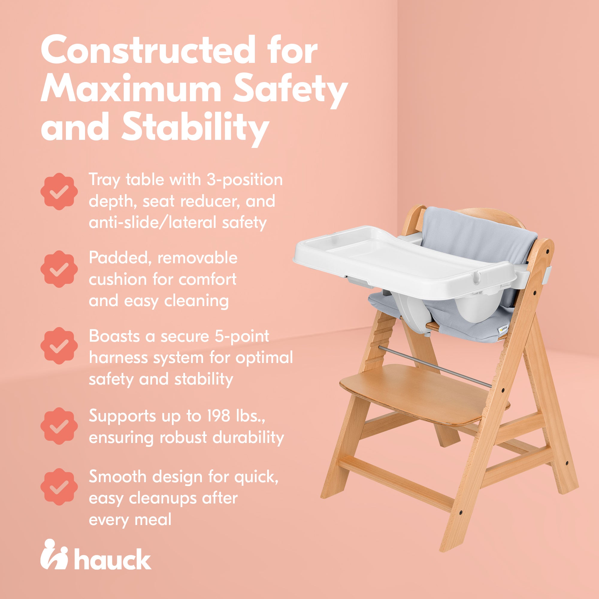 hauck Alpha+ Grow Along Wooden High Chair w/White Tray Table & Grey Cushion