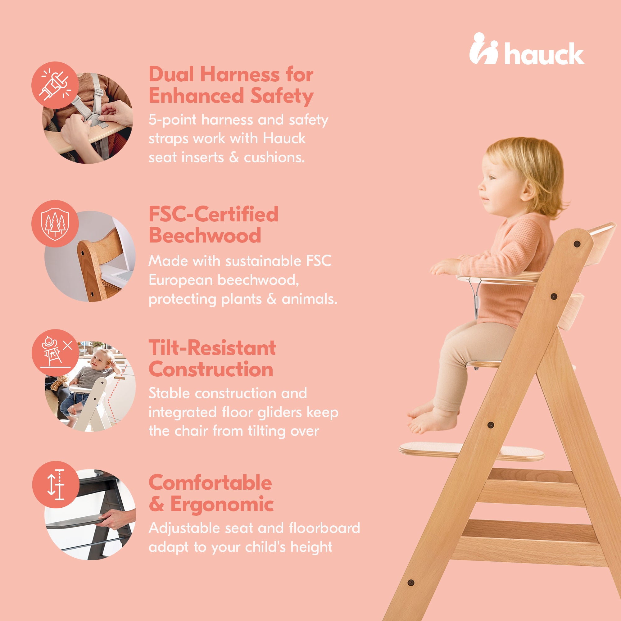 hauck Alpha+ Grow Along Wooden High Chair w/White Tray Table & Grey Cushion