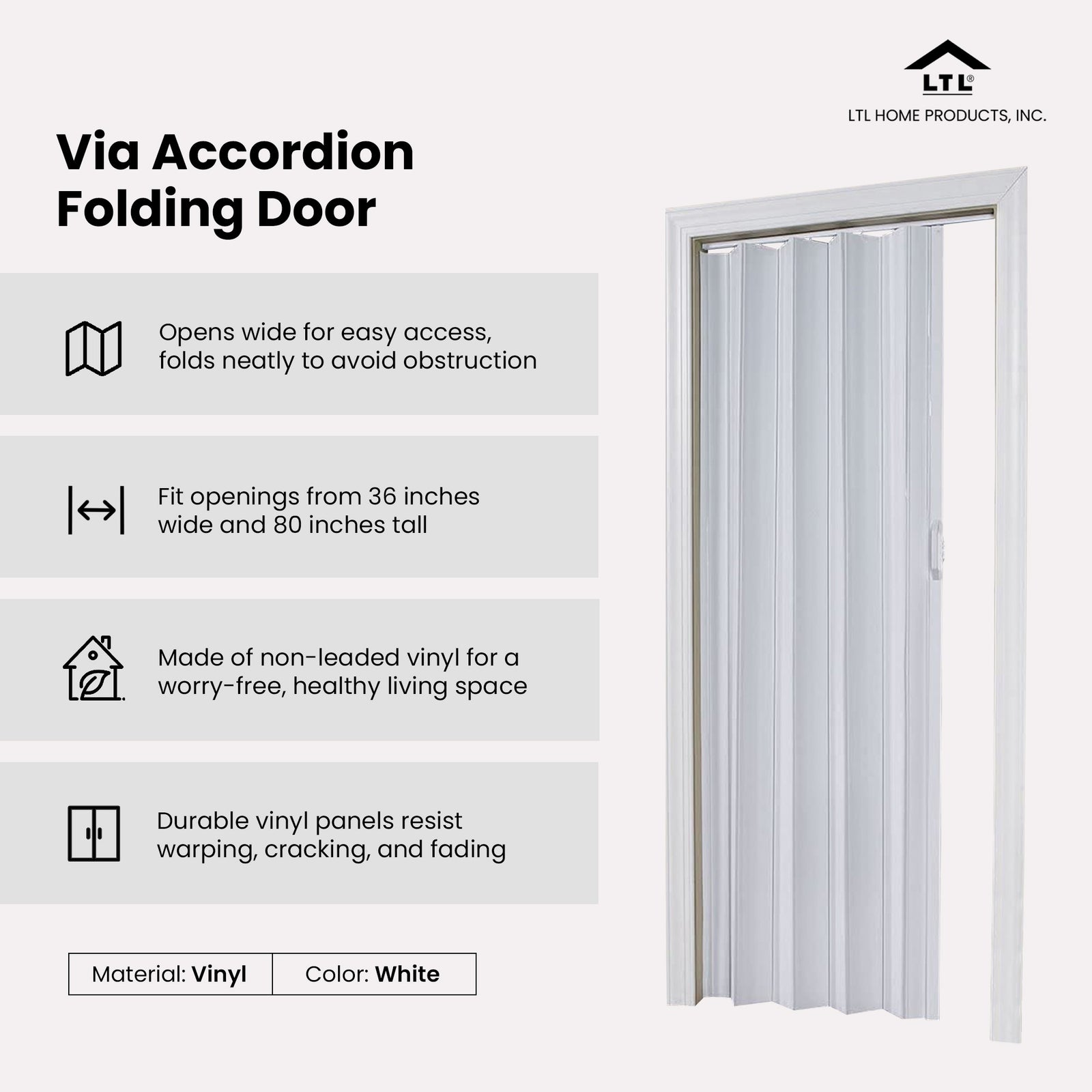 LTL Home Products Via 36" x 80" Vinyl PVC Hinged Single Folding Door, White - VMInnovations