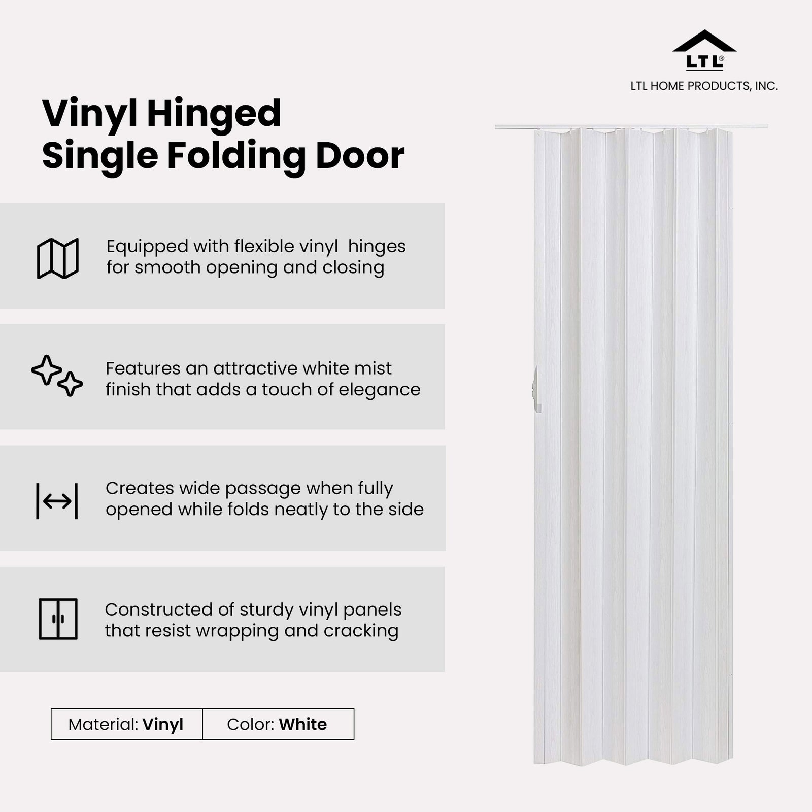 LTL Home Products Via 36" x 80" Vinyl Hinged Single Folding Door, White Mist - VMInnovations