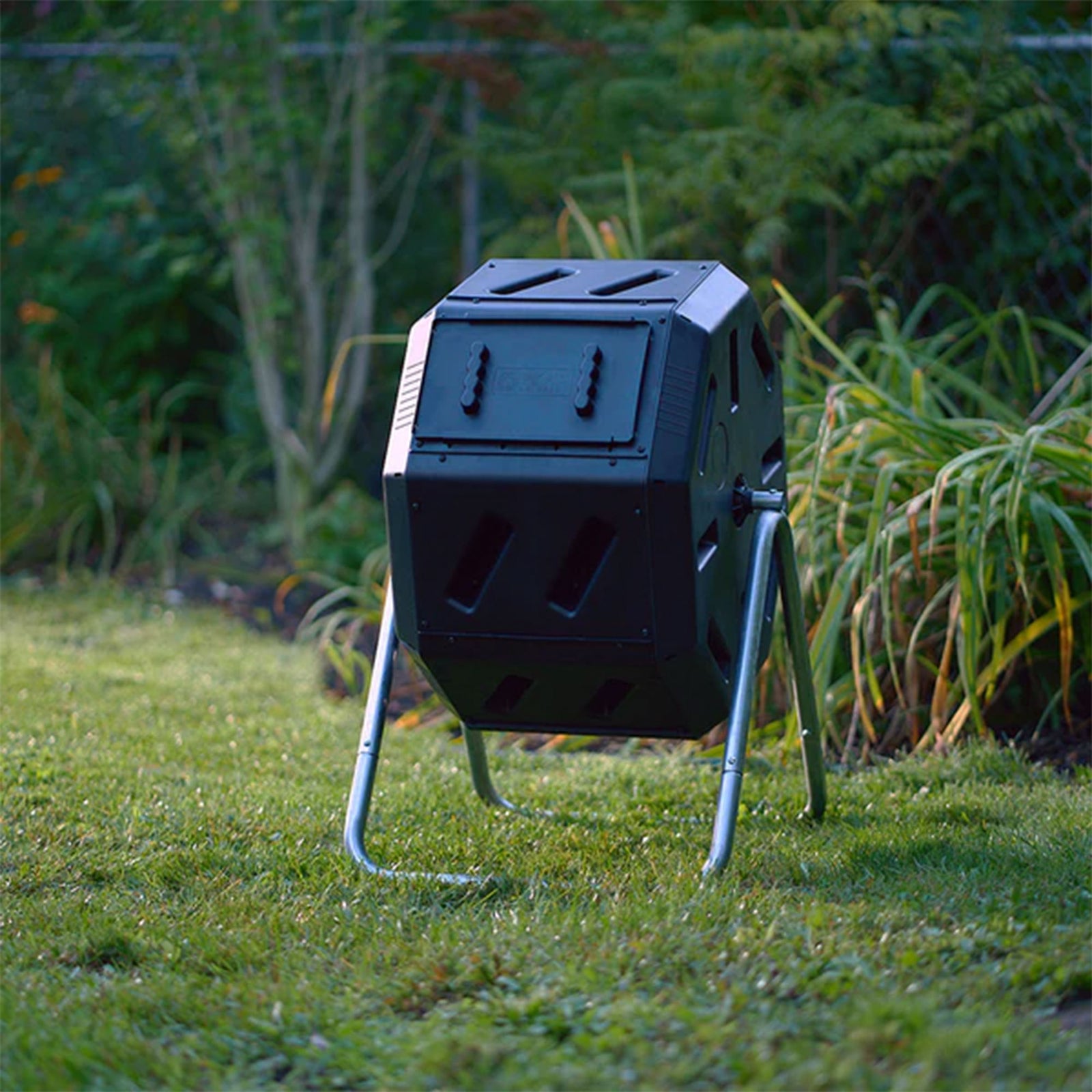Outdoor 22.5 Gal Tumbling Composter Waste Bin w Aeration Holes, Black (Open Box) - VMInnovations