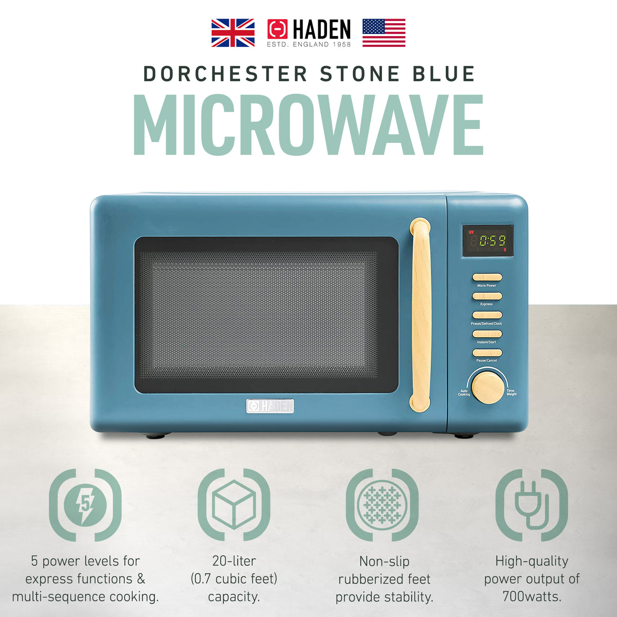 Haden Dorchester 0.7 Cu Ft Compact Countertop Microwave, Stone Blue