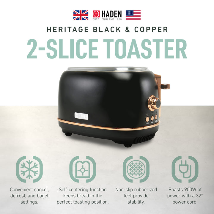 Haden Heritage 2 Slice Wide Slot Stainless Steel Toaster, Black & Copper