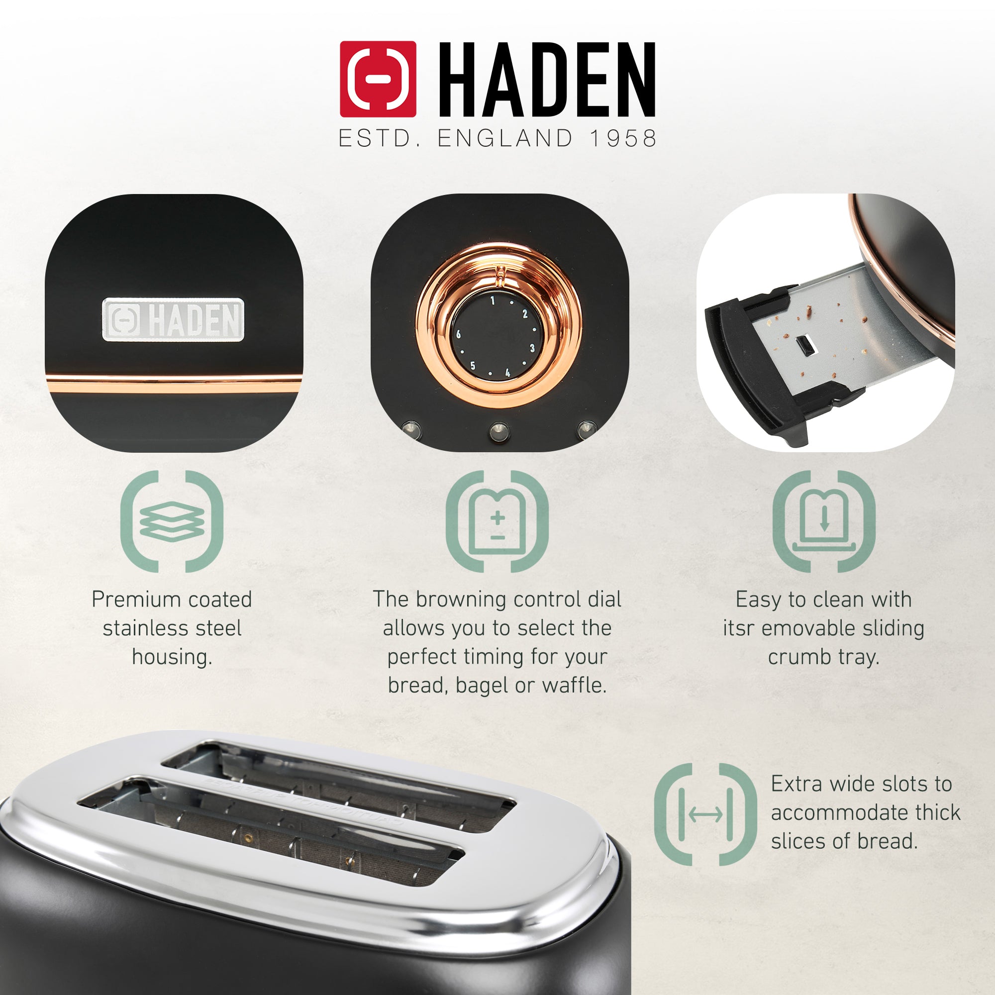 Haden Heritage 2 Slice Wide Slot Toaster w/Crumb Tray, Black/Copper (Used) - VMInnovations