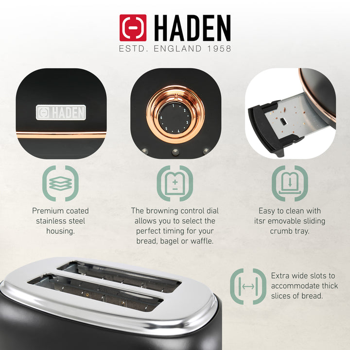 Haden Heritage 2 Slice Wide Slot Stainless Steel Toaster, Black & Copper