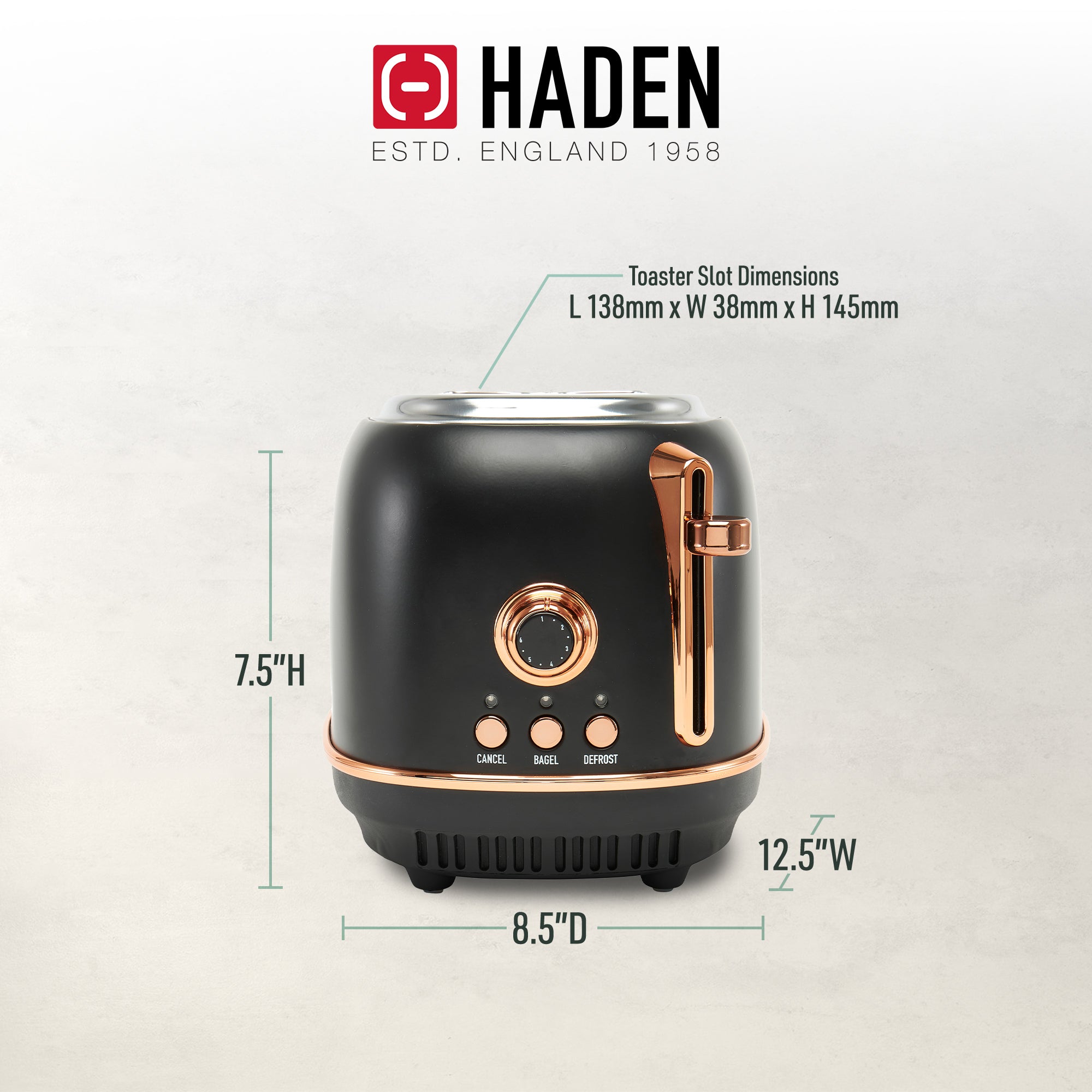 Haden Heritage 2 Slice Wide Slot Toaster w/Crumb Tray, Black/Copper (Used) - VMInnovations