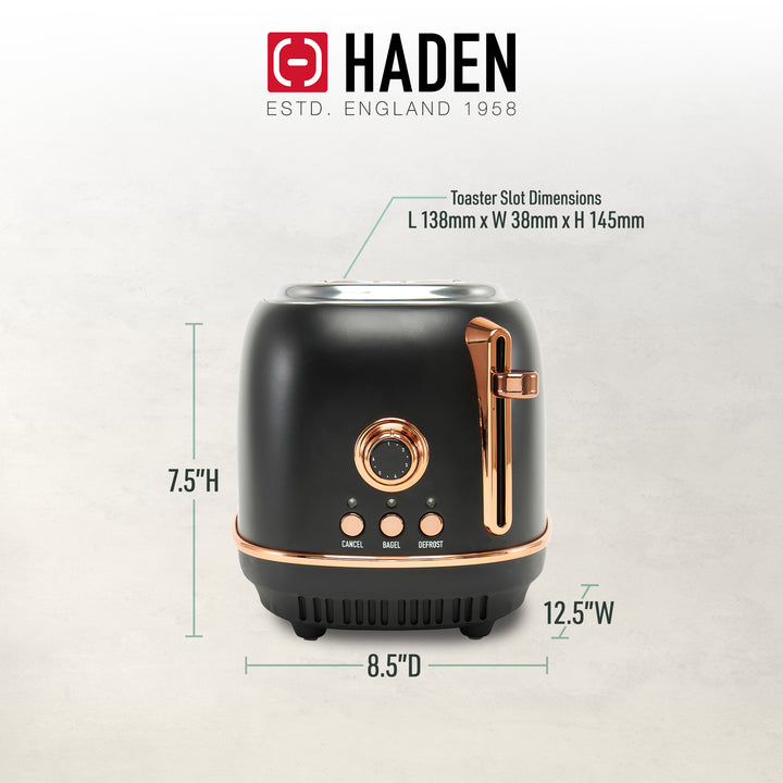 Haden Heritage 2 Slice Wide Slot Stainless Steel Toaster, Black & Copper