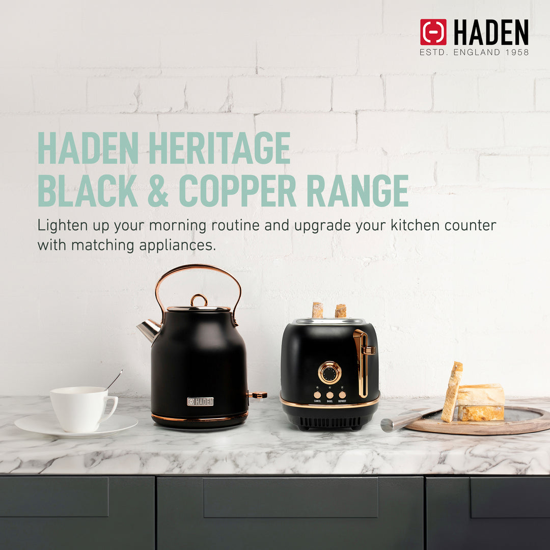 Haden Heritage 2 Slice Wide Slot Stainless Steel Toaster, Black & Copper