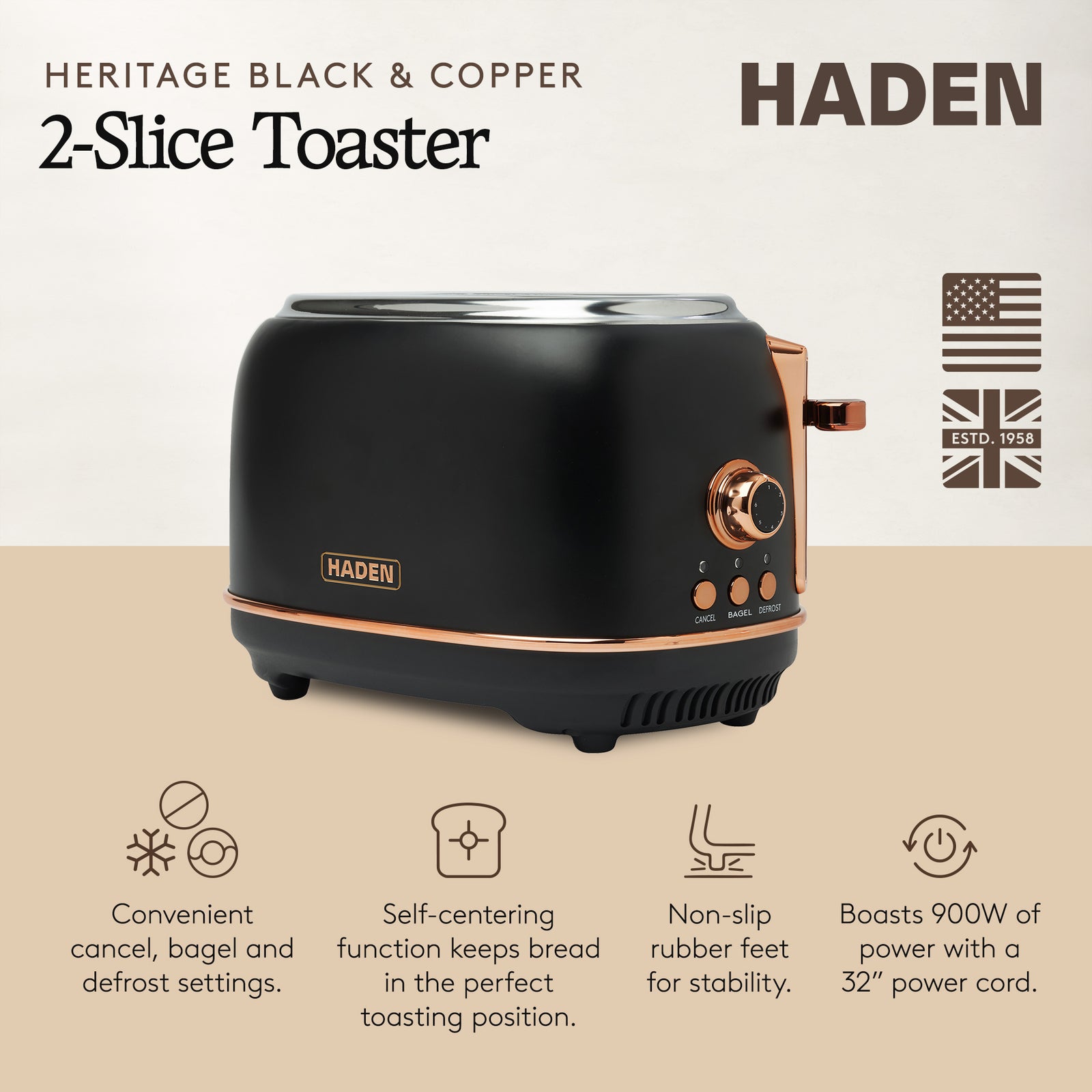 Haden Heritage 2 Slice Wide Slot Stainless Steel Toaster, Black/Copper(Open Box) - VMInnovations