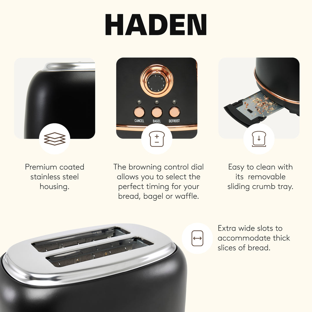 Haden Heritage 2 Slice Wide Slot Stainless Steel Toaster, Black & Copper