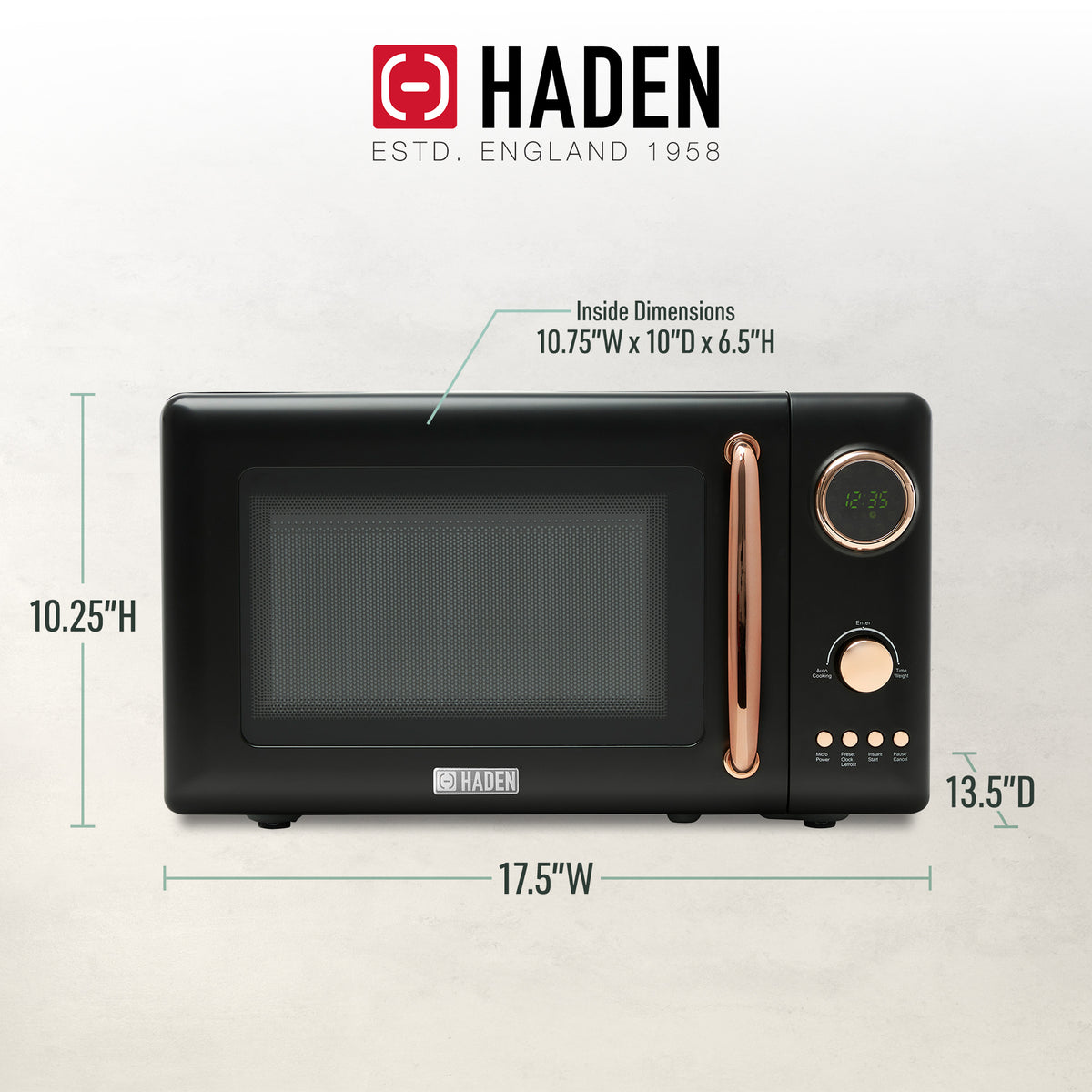 Haden 0.7 Cu Ft Compact Countertop Microwave, 700 Watts, Black & Copper