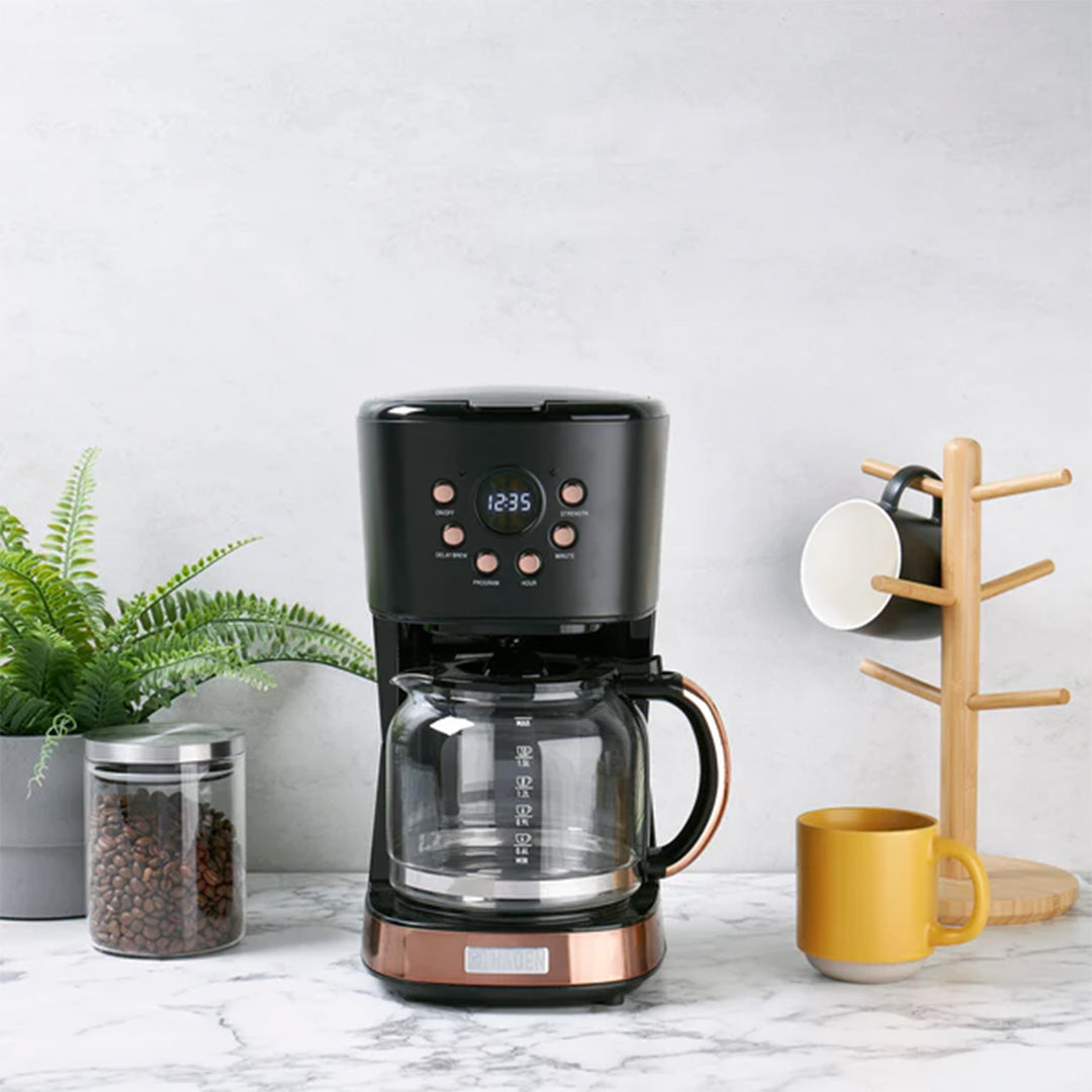 Haden Coffee Machine, 12 Cup Programmable Drip Coffee Maker, Black & Copper